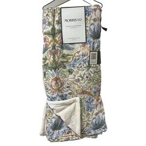 Morris & Co Strawberry Thief Throw Blanket Cotton Gauze Soft Fleece Pom Pom Trim